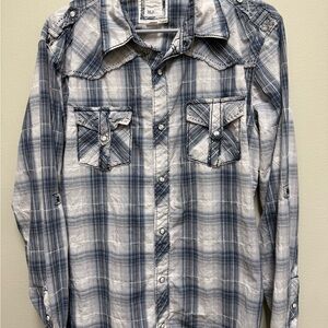 BKE Casual Blue and White Plaid Shirt Large Athletic Slim Fit
